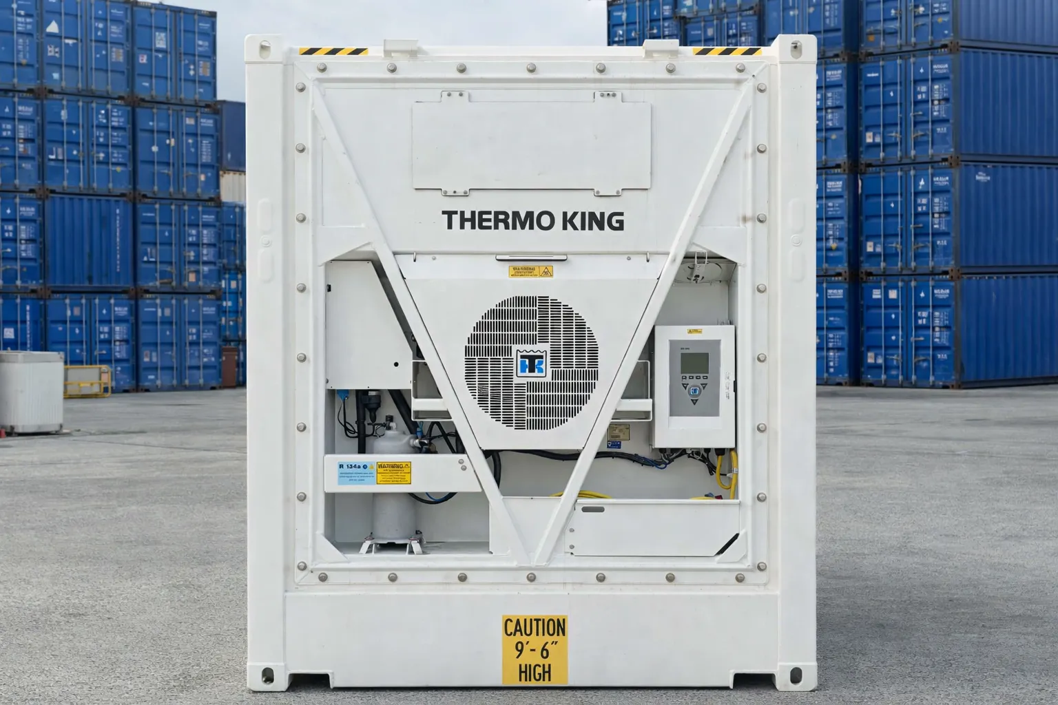 Thermo King Kühlaggregat am 10-Fuß Kühlcontainer – Stirnseite mit Bedienpanel