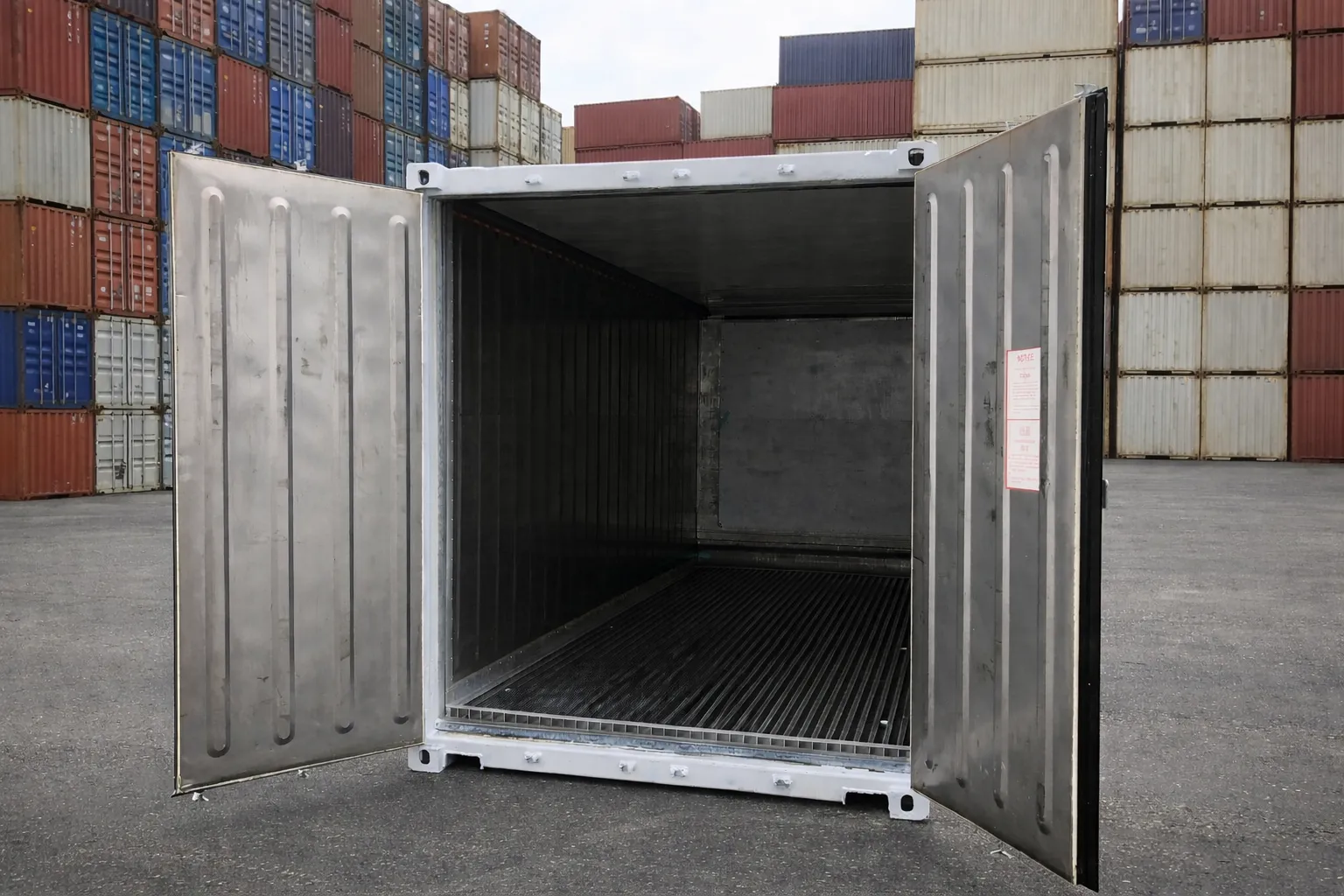 20 Fuß Isoliercontainer mit geöffneten Türen, sauberer Innenraum, isolierter Seecontainer im Depot