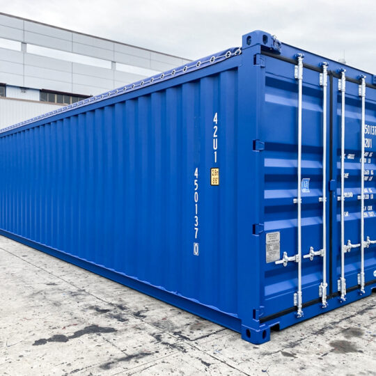 Blauer 40 Fuß High Cube Open Top Container, Front- und Seitenansicht mit geschlossenen Türen.
