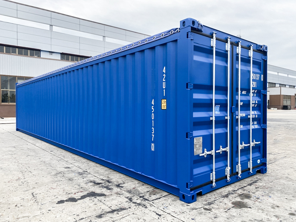 Blauer 40 Fuß High Cube Open Top Container, Front- und Seitenansicht mit geschlossenen Türen.