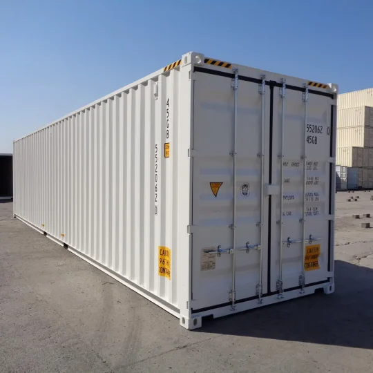 Weißer 40 Fuß High Cube Seecontainer mit geschlossenen Türen auf dem Depotgelände.