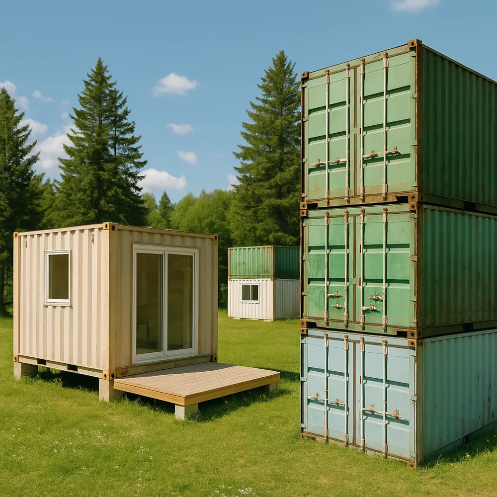 Nachhaltige Containerlösungen: Bürocontainer mit Terrasse und gestapelte Lagercontainer