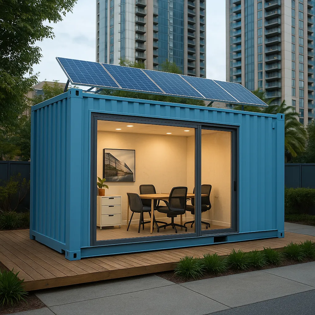 blauer bürocontainer mit solarpanels und glasfront als mobiles homeoffice