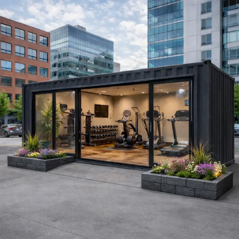 Container kaufen – moderner schwarzer Fitness-Container als schlüsselfertiges Outdoor-Gym mit Glasfront