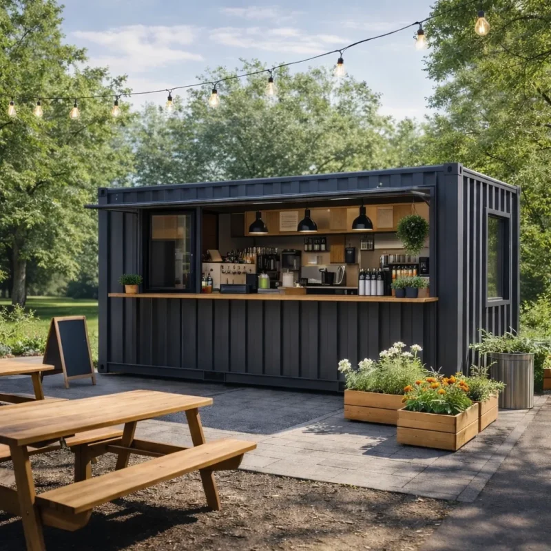 Container kaufen: moderner schwarzer gastronomie-container als pop-up-cafe mit holzmöbeln