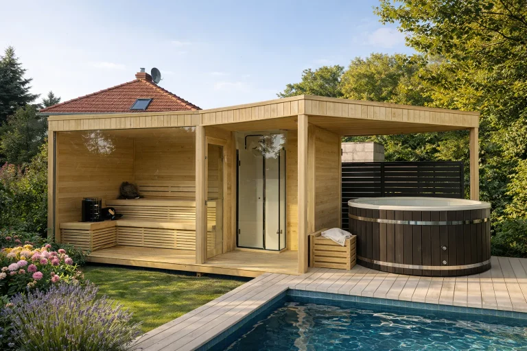 Container kaufen: moderne container-sauna mit integriertem whirlpool und holzterrasse im garten