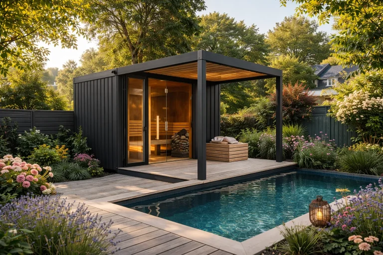 Container kaufen: moderne container-sauna im garten mit pool und holzterrasse