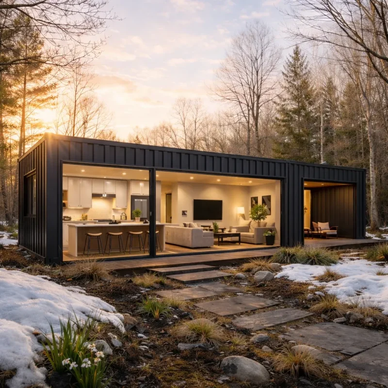 Container kaufen: modernes schwarzes tiny house aus seecontainer mit grosser glasfront im schnee