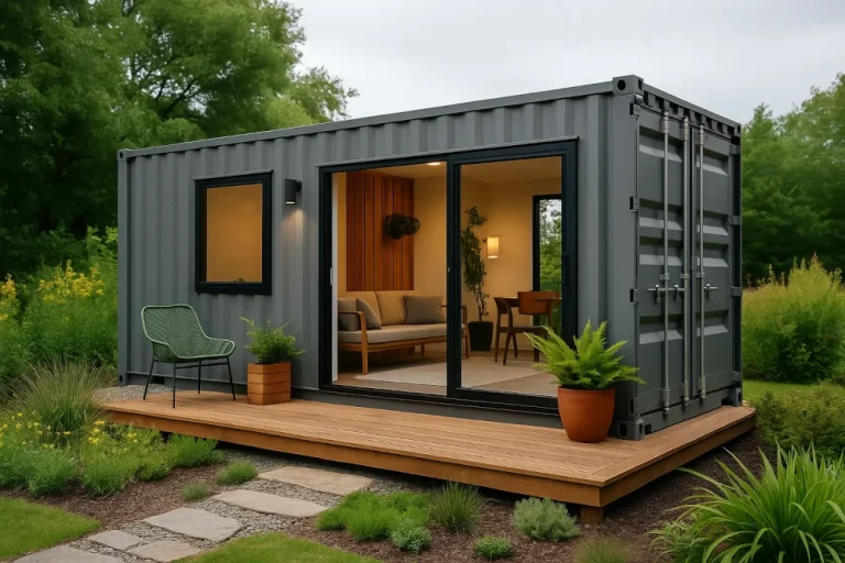 Container-Tiny-House mit großen Fenstern und Holzterrasse