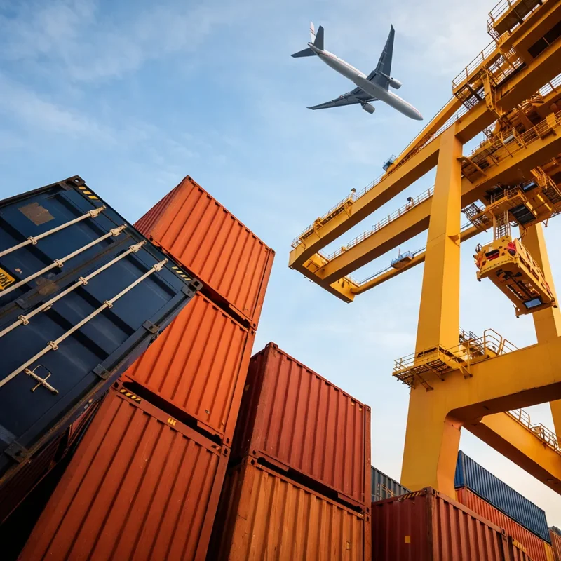 Container kaufen – Terminal mit Kran und Containerstapeln