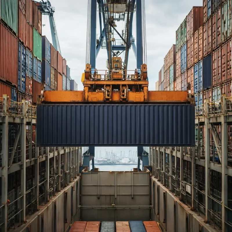 hafenkran verlaedt blauen seecontainer auf frachtschiff im hamburger terminal