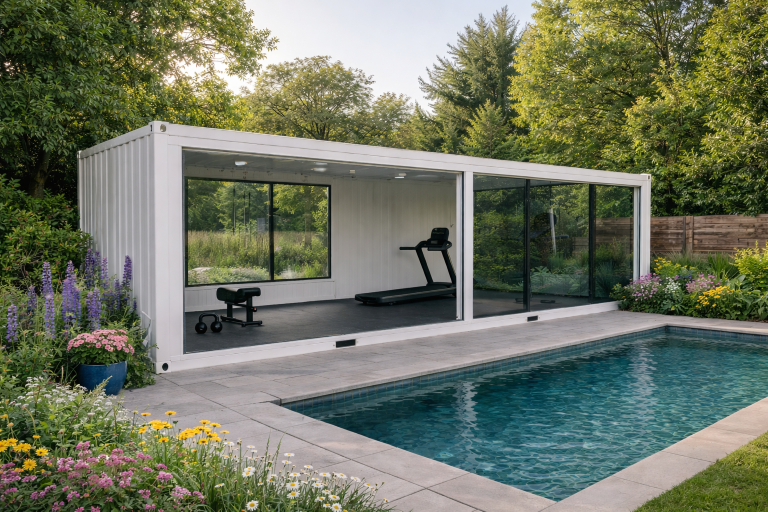 Container kaufen: moderner weißer Fitness-Container als luxuriöses Home-Gym am Pool mit Glasfront