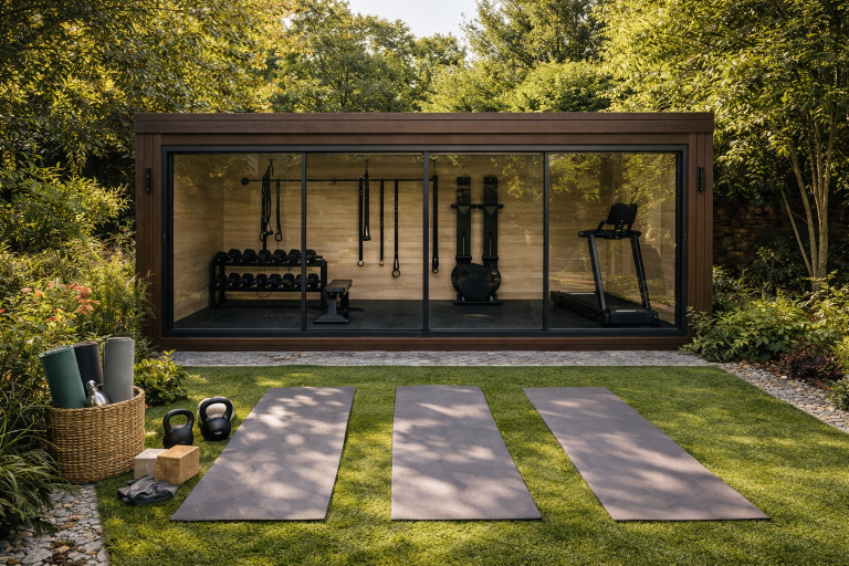 Container kaufen: moderner Fitness-Container als Outdoor-Gym in der Natur mit Hanteln und Yogamatten