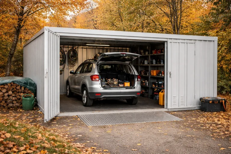 vorgefertigte container-garage als lagerfläche für auto und werkzeug