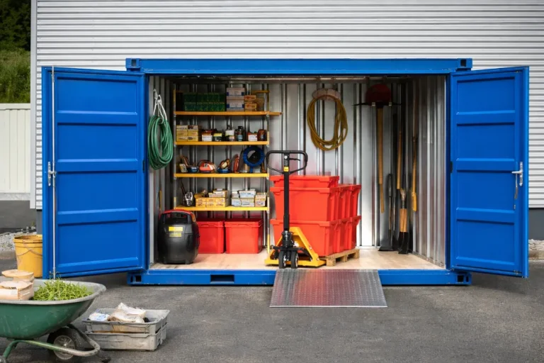blauer 20-Fuß-Lagercontainer als sicheres Gartengerätehaus mit Regalen und Werkzeug