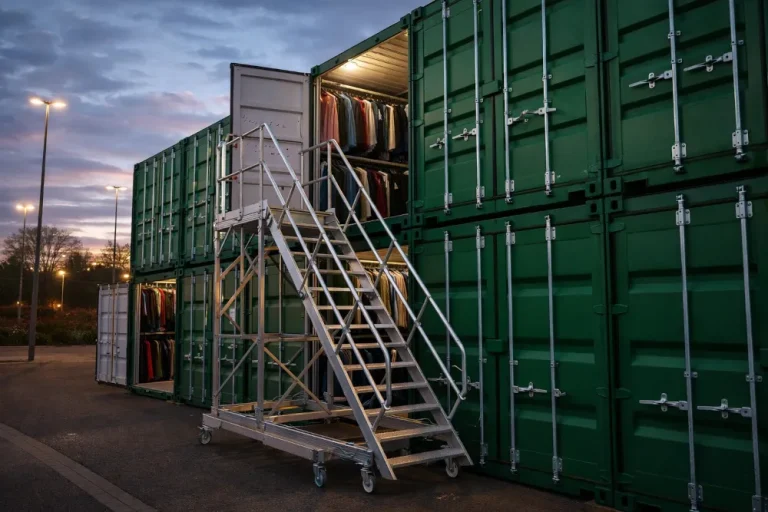 grüner Seecontainer als begehbarer Kleiderschrank oder mobile Lagerfläche für Kleidung