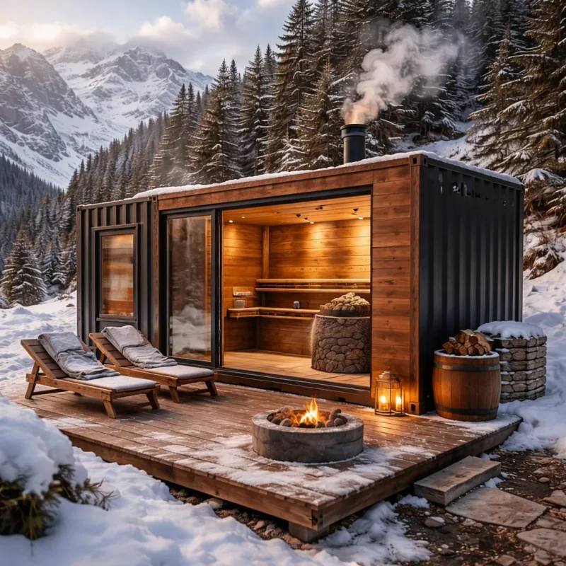 Sauna aus Containern – moderne winterfeste container-sauna draußen im schnee mit holzofen und holzterrasse
