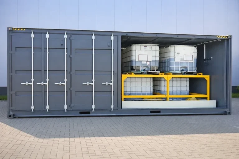 Innenansicht des 20 Fuß Spezialcontainers mit IBC-Behältern für Flüssigkeiten