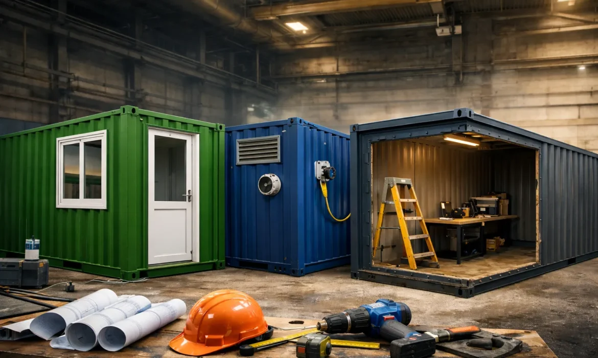 Container-Umbau & Umlackierung aus einer Hand: Türen/Fenster, Lüftung, Stromdurchführung und Open-Side-Ausschnitt.