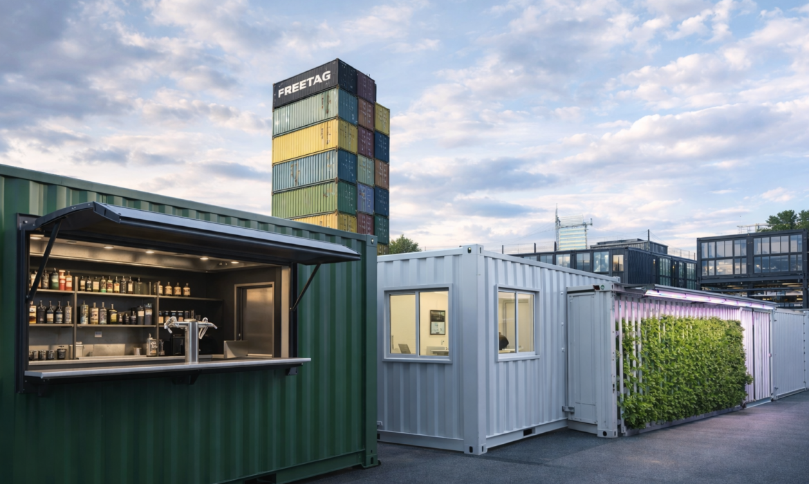Besonderes Container-Projekt: Container-Mall mit Bar, Bürocontainer und begrüntem Modul in einem Container-Quartier.