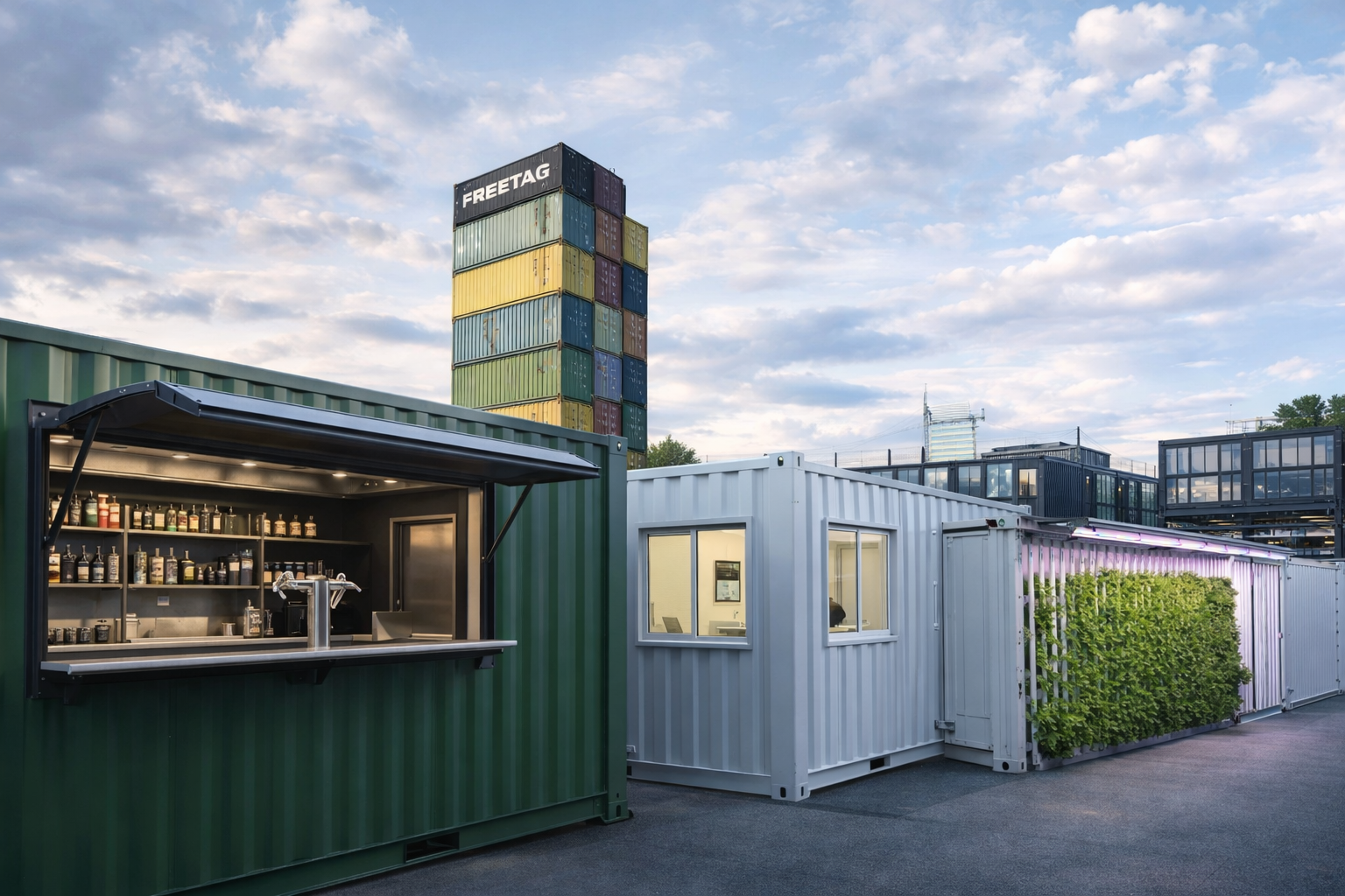 Besonderes Container-Projekt: Container-Mall mit Bar, Bürocontainer und begrüntem Modul in einem Container-Quartier.