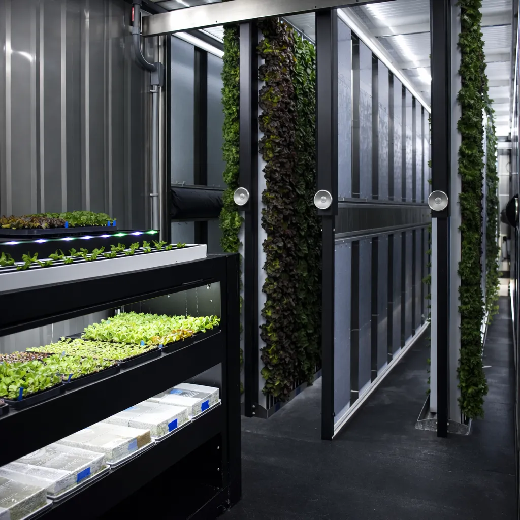 Innenansicht einer Container-Farm: vertikale Anbauflächen mit Salat in kontrollierter Umgebung