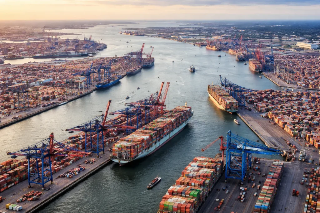 Luftaufnahme eines großen europäischen Containerhafens mit mehreren Terminals, Kränen und Containerschiffen.