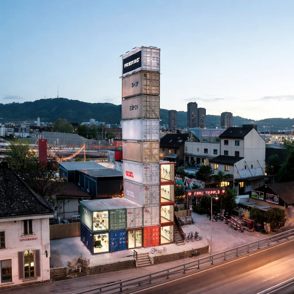 FREITAG Tower nahe der Hardbrücke in Zürich – ikonische Containerarchitektur aus Seecontainern