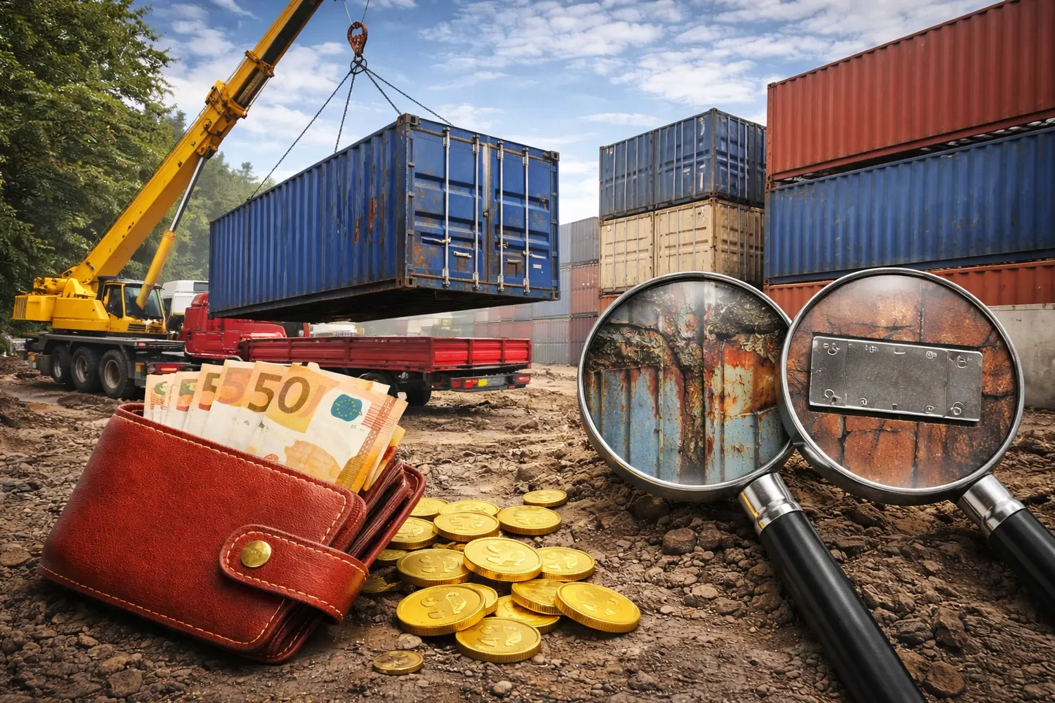 Gebrauchter Seecontainer im Containerdepot: Korrosion, fehlende Prüfung und zusätzliche Kosten beim Containerkauf.