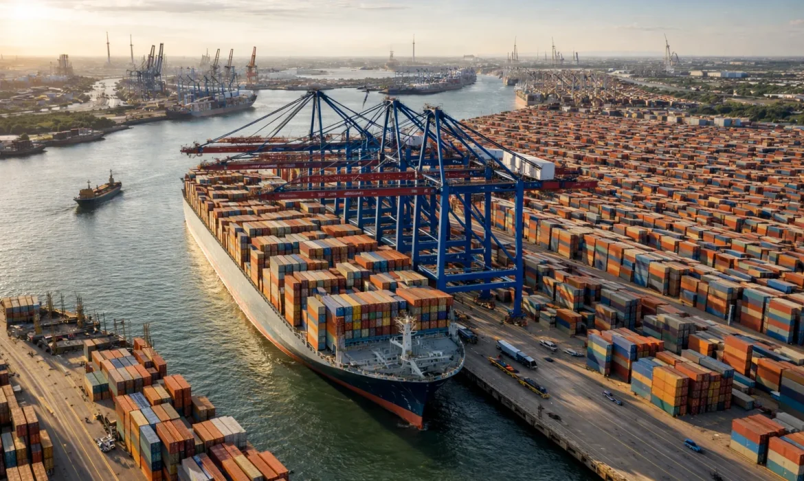 Luftaufnahme eines europäischen Containerhafens mit Containerschiff, Kränen und gestapelten Standard-Seecontainern (TEU-Vergleich)