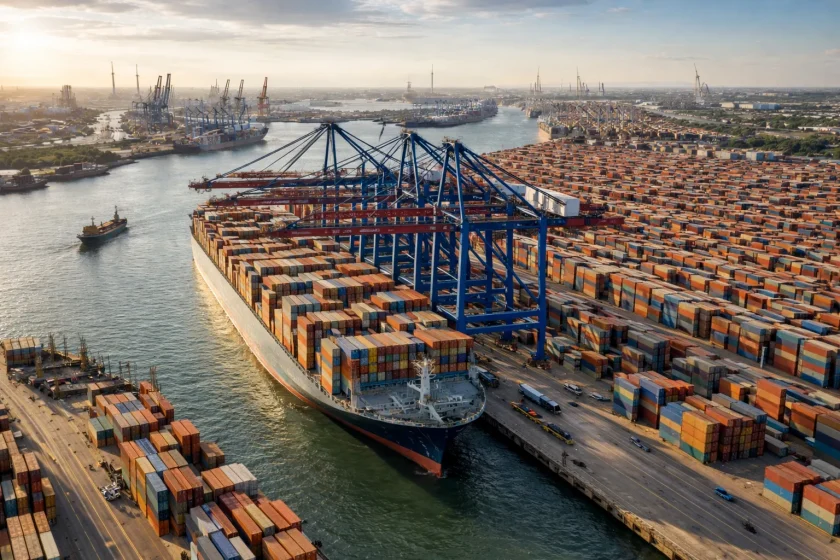 Luftaufnahme eines europäischen Containerhafens mit Containerschiff, Kränen und gestapelten Standard-Seecontainern (TEU-Vergleich)