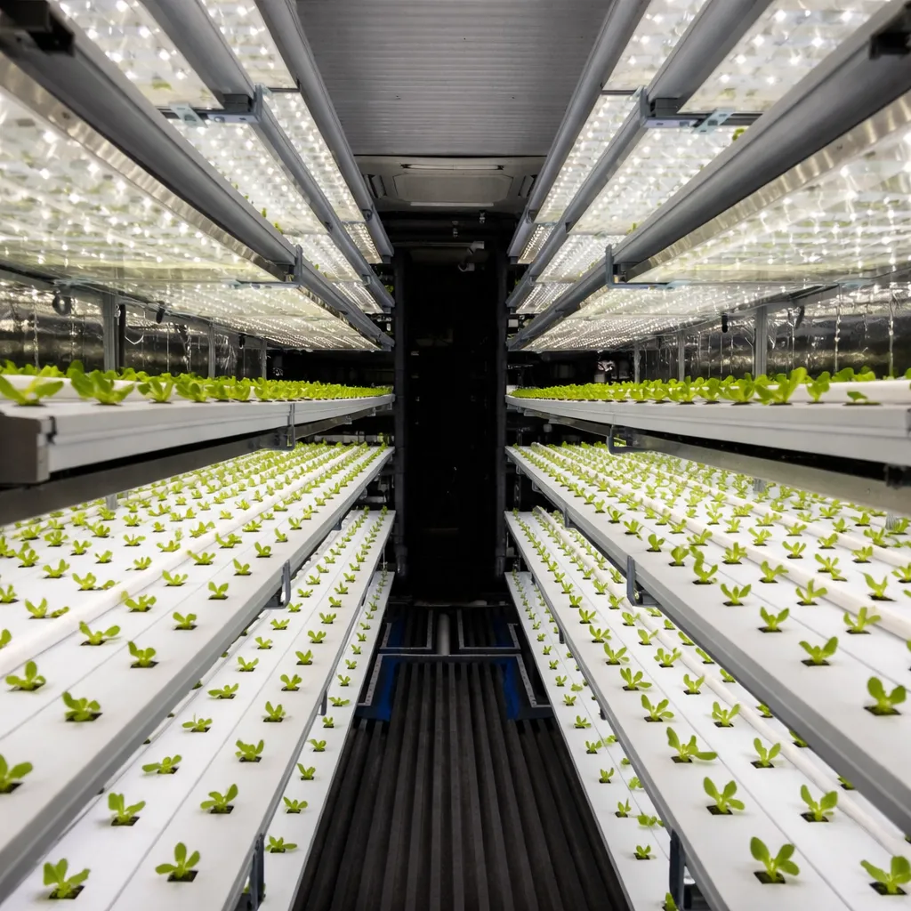 Hydroponik im Seecontainer: mehrstöckige Anzuchtregale mit LED-Licht für Jungpflanzen