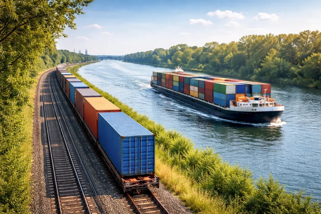 Intermodaler Containertransport: Güterzug und Binnenschiff am Fluss