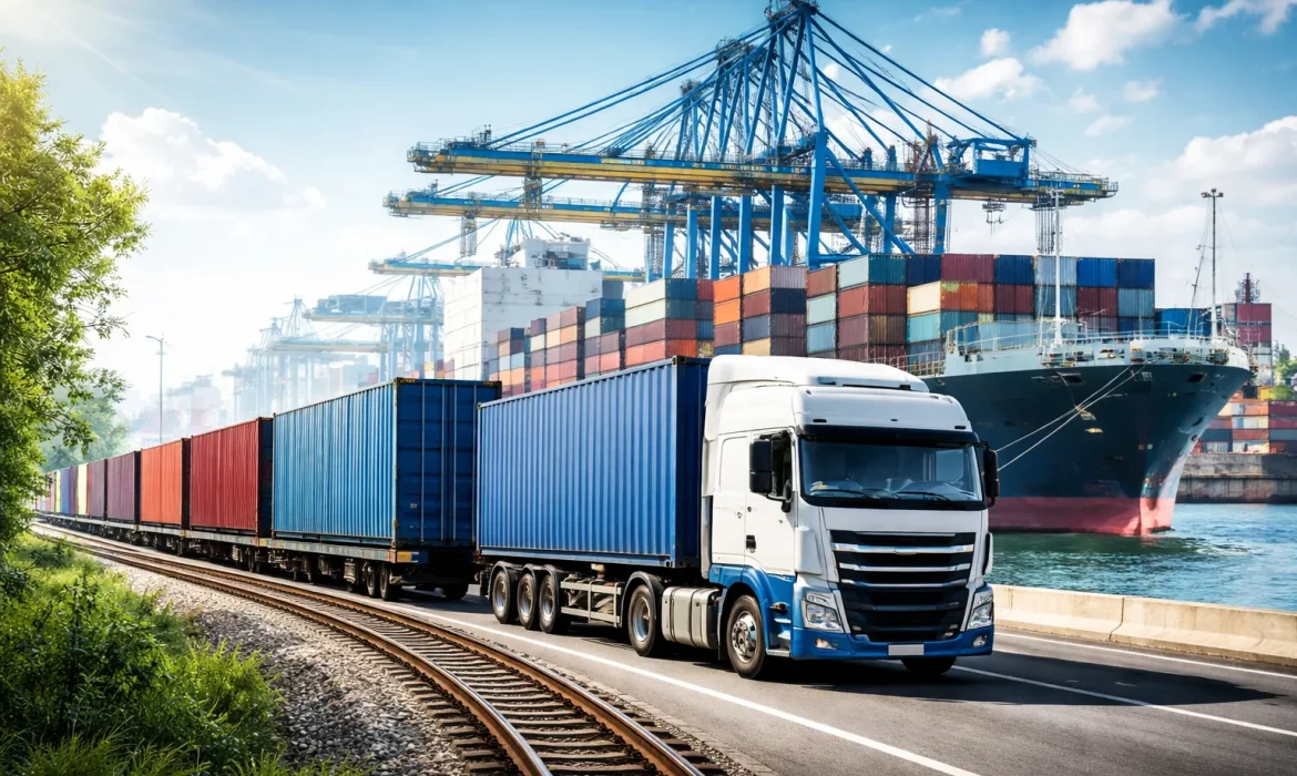 Intermodaler Containertransport im Hafen mit Lkw, Güterzug und Containerschiff