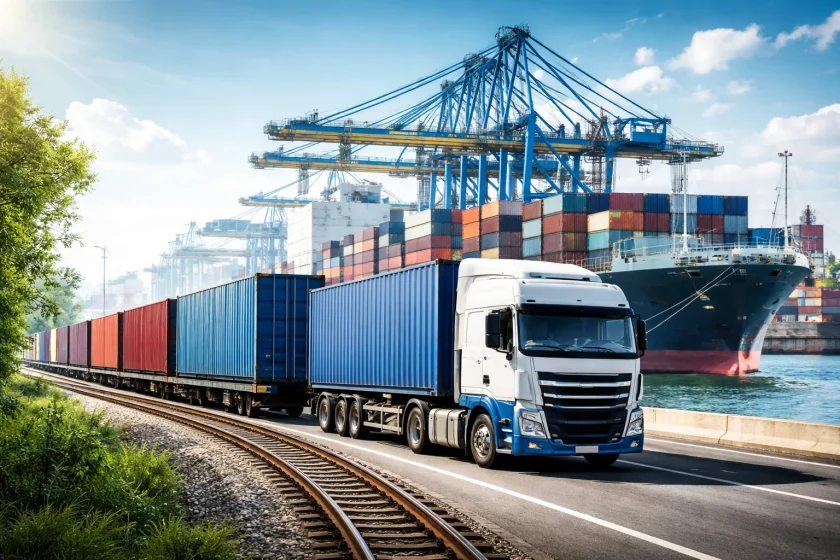 Intermodaler Containertransport im Hafen mit Lkw, Güterzug und Containerschiff