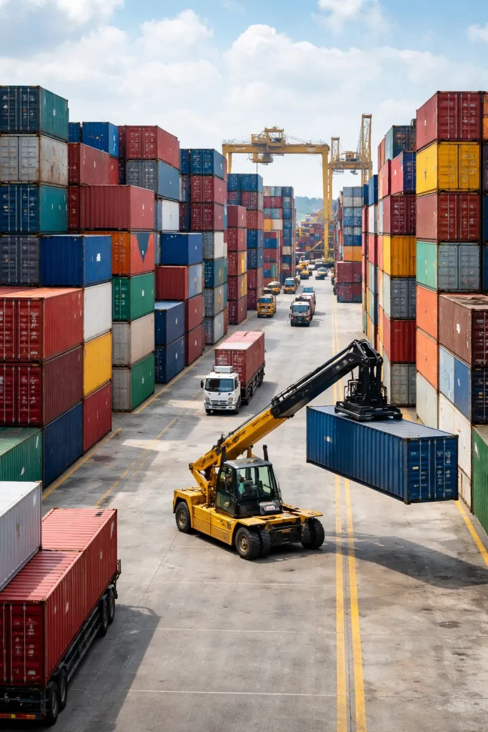 Containerterminal mit gestapelten 20- und 40-Fuß-Containern und Reachstacker – realistisches Hafen-Logistikbild zur Erklärung von TEU (Twenty-Foot Equivalent Unit).
