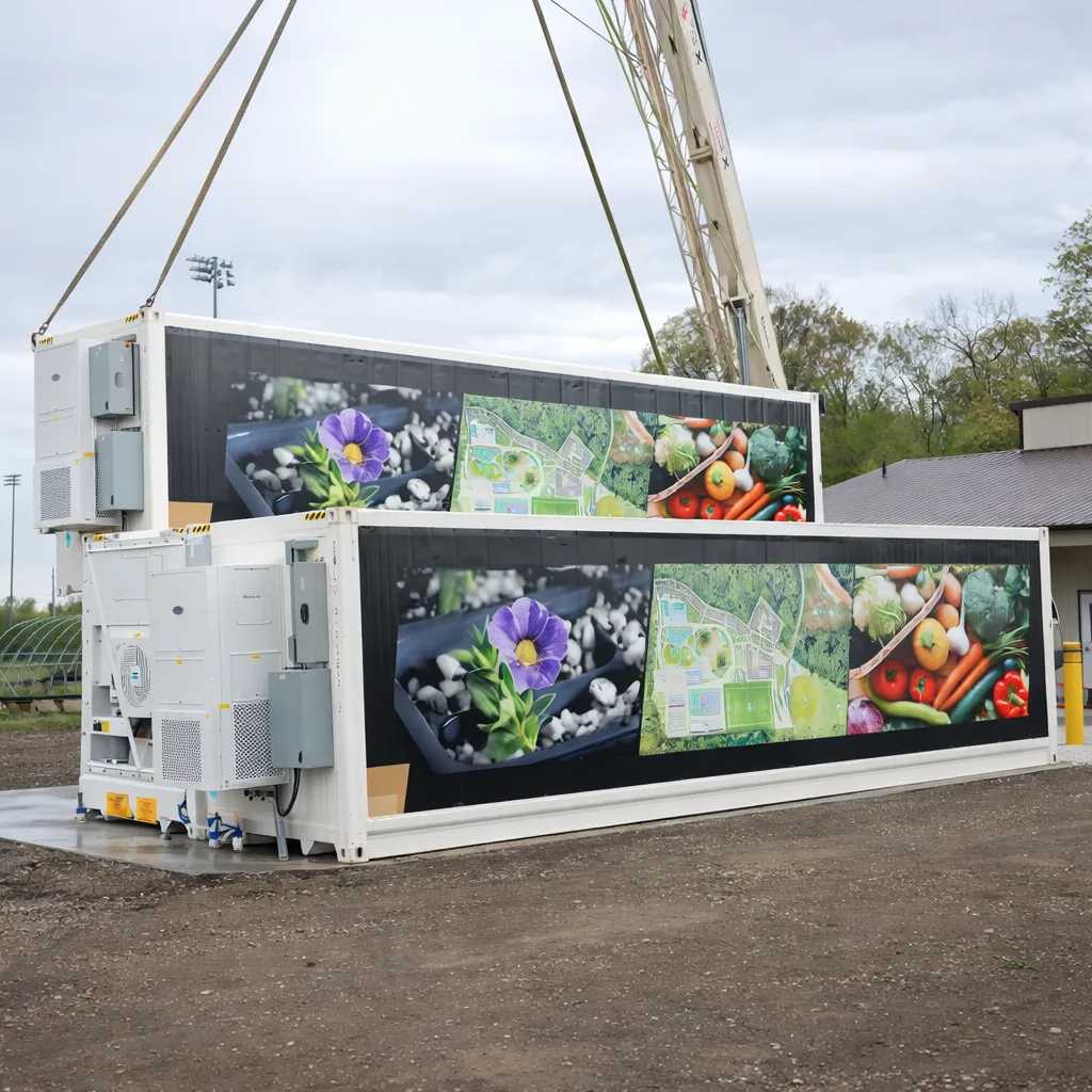 Container-Farm (Vertical Farming) aus zwei gestapelten Seecontainern mit Gemüse- und Obstgrafiken