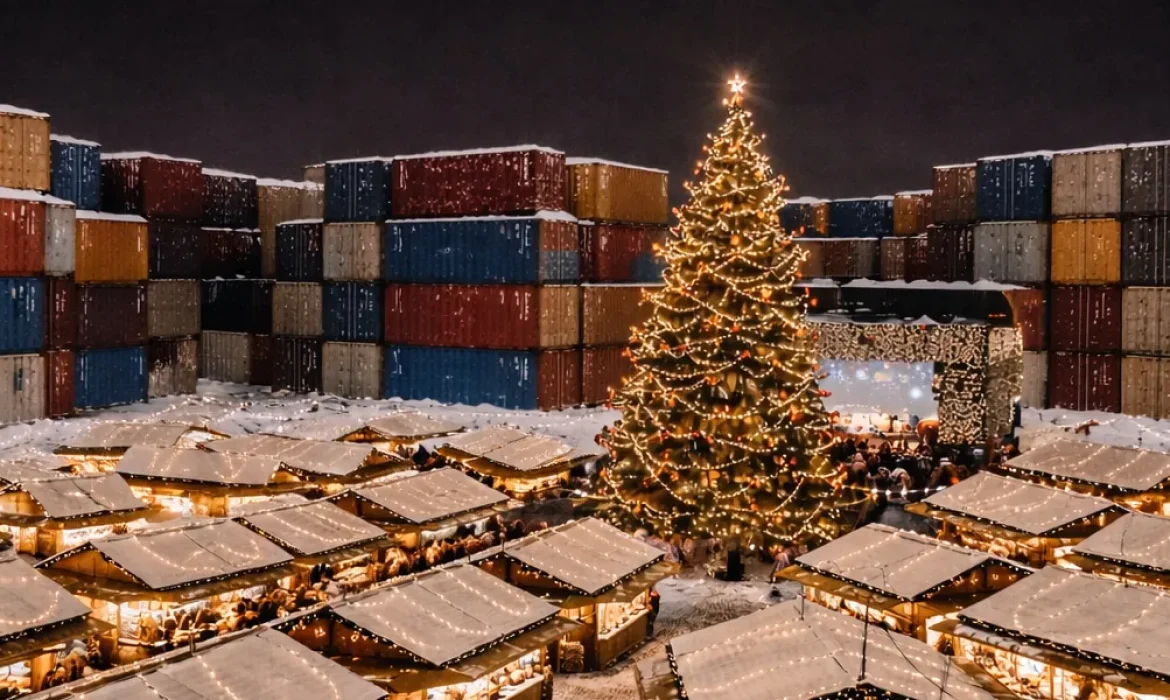 Weihnachtsmarkt aus bunten Seecontainern bei Nacht, verschneite Containerarchitektur ohne Menschen