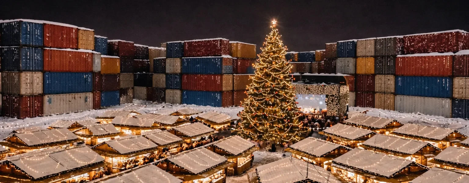 Weihnachtsmarkt aus bunten Seecontainern bei Nacht, verschneite Containerarchitektur ohne Menschen