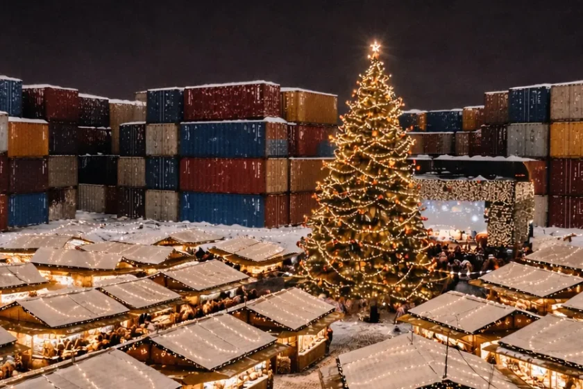 Weihnachtsmarkt aus bunten Seecontainern bei Nacht, verschneite Containerarchitektur ohne Menschen