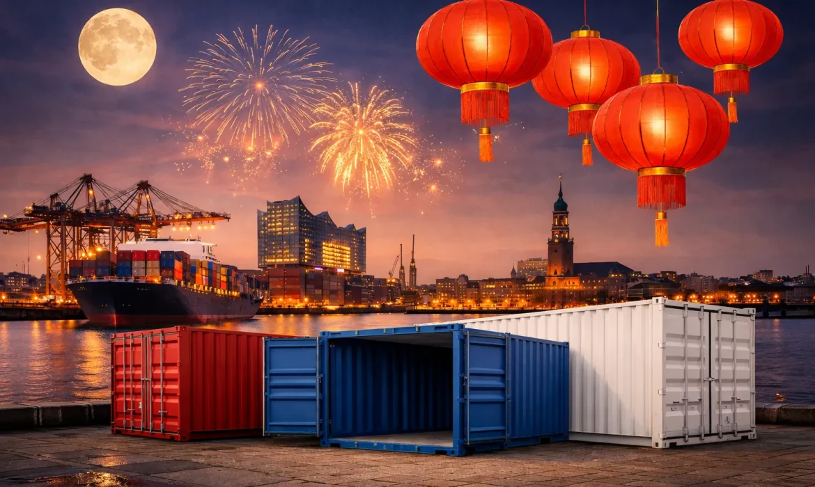 Hamburger Hafen bei Nacht mit Containern und Containerschiff – Einfluss des chinesischen Neujahrs auf die Containerlogistik