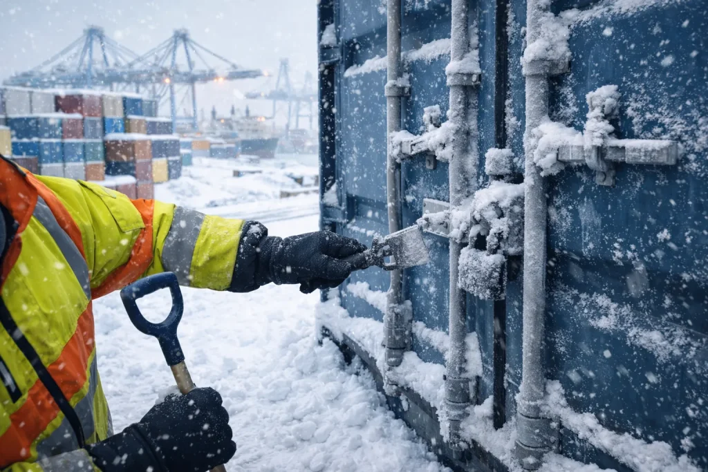 Winter im Hafen: Vereiste Containertüren und Schlösser – Eis und Schnee vor dem Öffnen sicher entfernen.