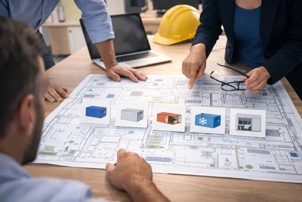 Planung eines Standorts: Containertypen wie Standard-, Kühl-, Büro- und Sanitärcontainer