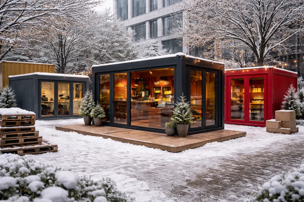 Modulare Containeranlage in Hamburg HafenCity im Winter – Büro-, Handels- und Gastronomielösungen