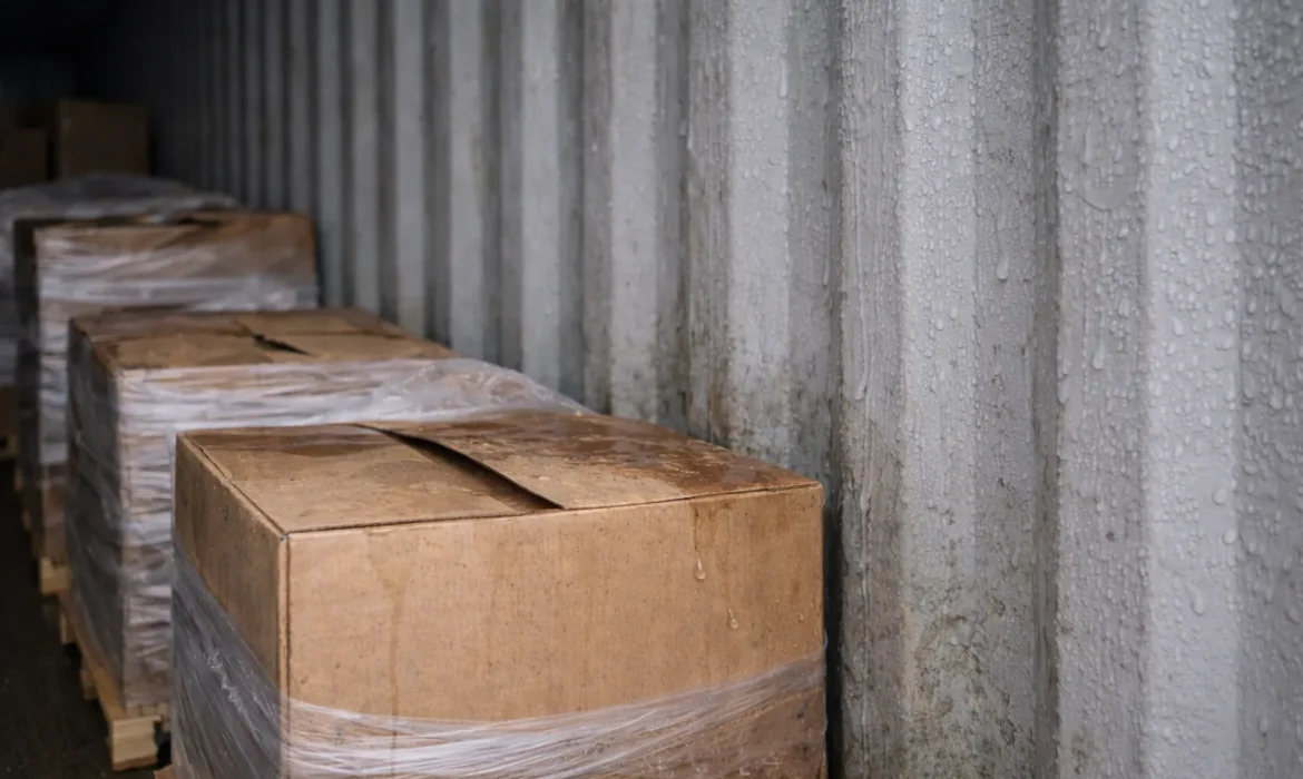 Kondenswasser an der Containerwand tropft auf Kartons und führt zu Feuchtigkeitsschäden.