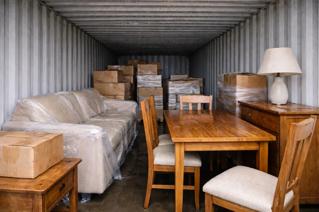 Kondenswasser im Container verursacht Feuchtigkeitsschäden an Möbeln und Kartons während der Lagerung.