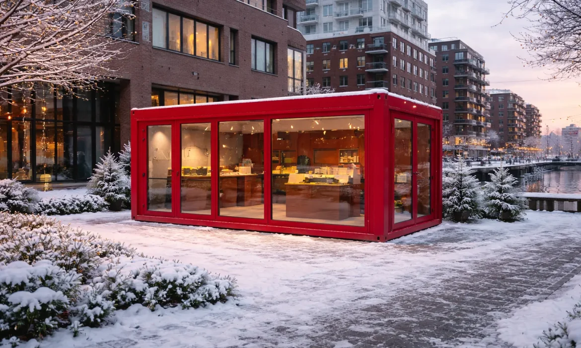 Roter Seecontainer mit großen Glasflächen in der HafenCity Hamburg im Winter