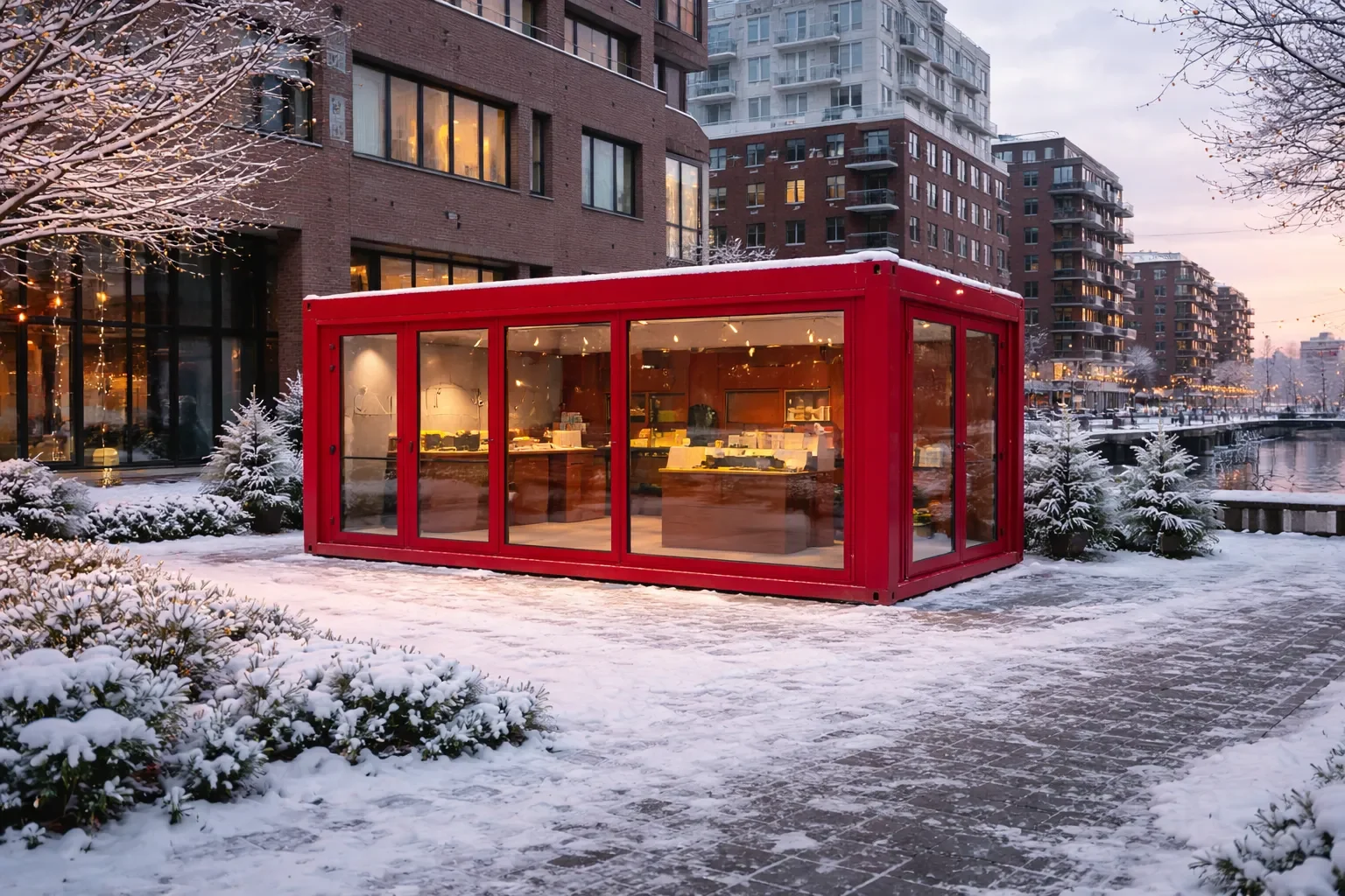 Roter Seecontainer mit großen Glasflächen in der HafenCity Hamburg im Winter