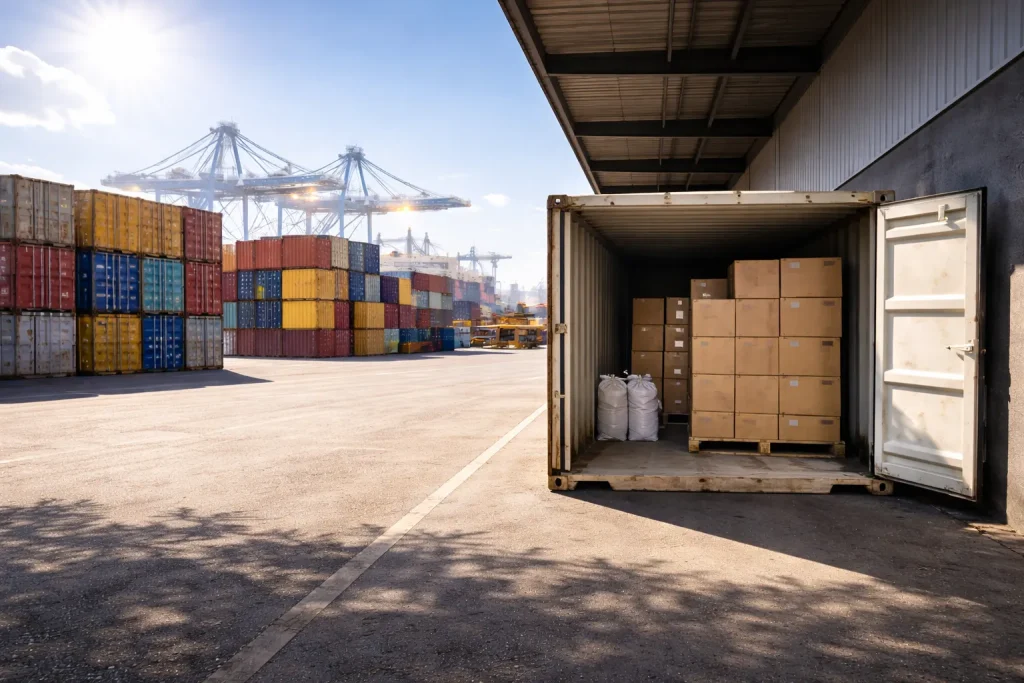 Container im Schatten im Sommerhafen: Ware auf Paletten mit Luftspalt, Feuchtigkeitsabsorber gegen Kondenswasser.