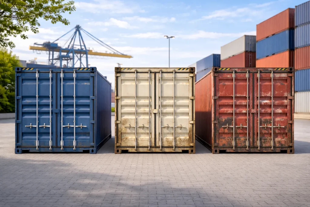 Vergleich der Zustandsklassen eines gebrauchten 20-Fuß-Seecontainers: Cargo Worthy, Wind & Watertight und As-Is